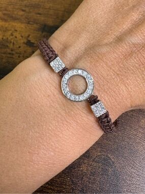 Sterling Silver Diamond Halo Circle of Life Karma Macramé Bracelet - Brown
